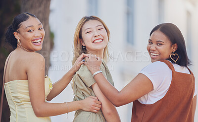 Buy stock photo Women diversity, fashion and bonding in city travel location for sightseeing, weekend break or fun New York urban activity. Smile portrait, happy friends and students in cool, style or trendy clothes