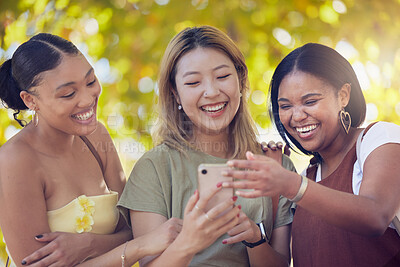 Buy stock photo Smartphone, park and women friends with funny social media update, reading blog or networking for spring outdoor wellness. Happy people in nature using phone for location check, app or online search