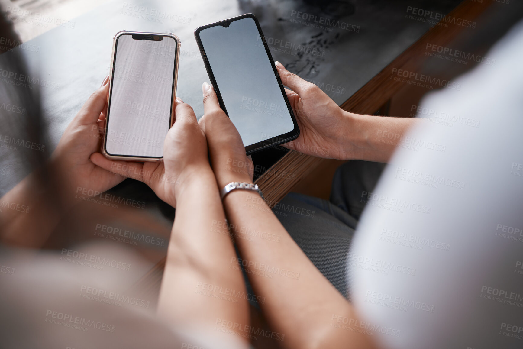 Buy stock photo Mockup screen, advertising and friends marketing a mobile app, communication and internet connection on a phone. Technology, social media and people with their mobile for conversation and space