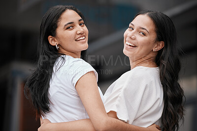 Buy stock photo Friends, hug and girl teen outdoor happy about love, support and care bonding together. Portrait of a woman, teenager and friendship with a smile relax with youth happiness and gratitude 