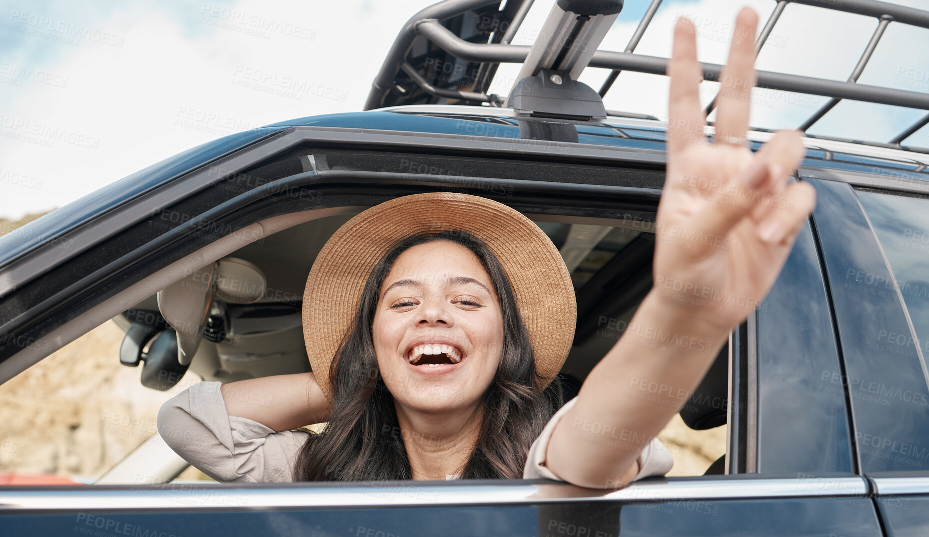 Buy stock photo Road trip, car travel and woman, peace and sign for summer holiday, vacation and relax drive. Portrait traveling girl show fun peace sign in driving, journey and solo adventure, freedom and happiness