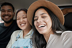 Happy, selfie and portrait of friends in a car driving to vacation destination or summer road trip. Happiness, freedom and people taking a picture in vehicle while on a holiday adventure or journey.