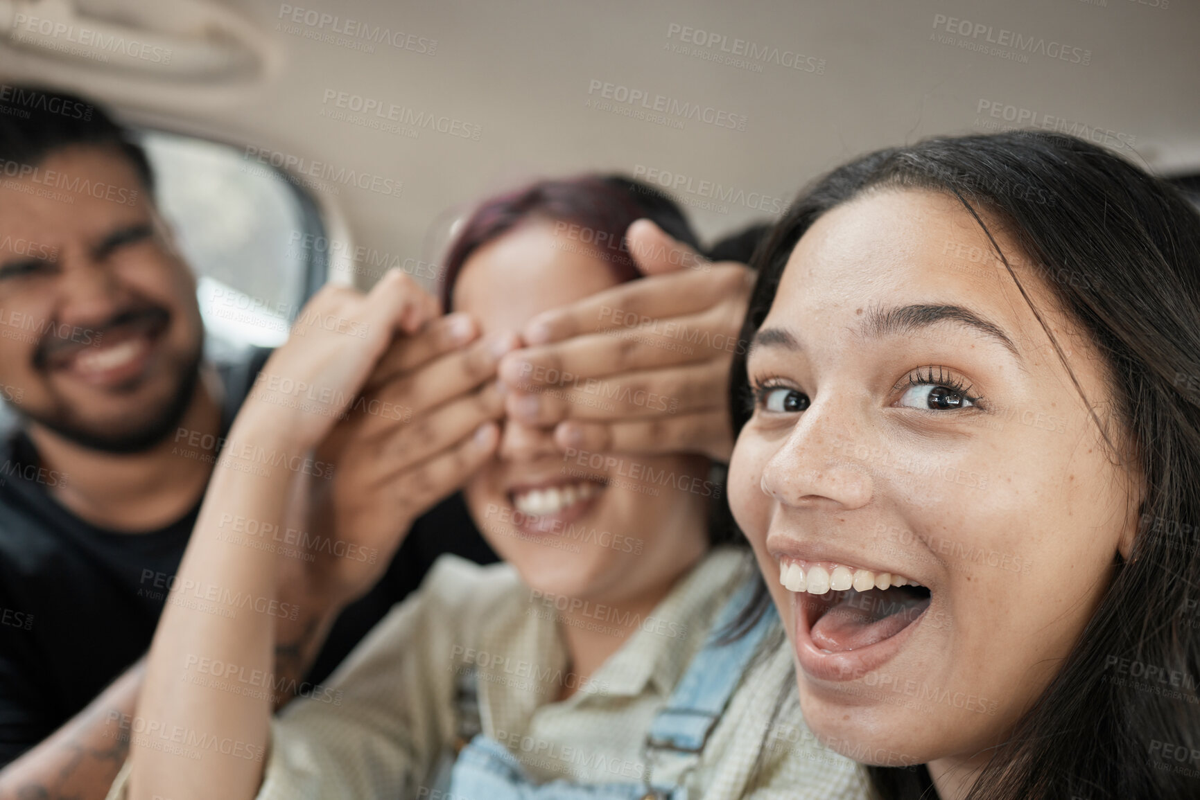 Buy stock photo Car, travel and friends selfie by happy, smile and fun people joke, playful and silly on a road trip. Face, portrait and family traveling, taking picture and being crazy while on a journey together