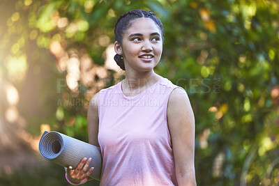 Buy stock photo Yoga, thinking and woman in nature for exercise, fitness and spiritual workout. Training, wellness and girl with meditation idea or training body and mind for health to start the morning in a park