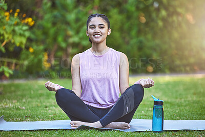 Buy stock photo Meditation, fitness and wellness with a woman athlete on an exercise mat in nature for a zen lifestyle. Yoga, health and training with a female yogi meditating outdoor for balance or inner peace