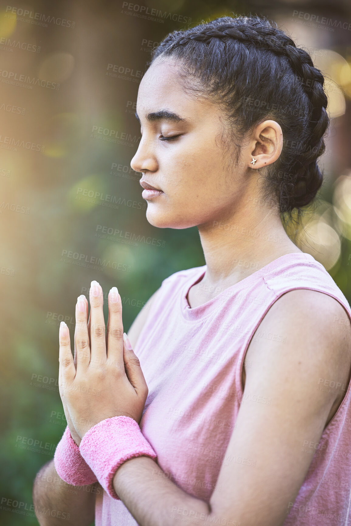 Buy stock photo Yoga, meditation and zen with a black woman athlete training outdoor for mental health or wellness. Relax, meditate and spiritual with a young female yogi finding peace or inner balance outside