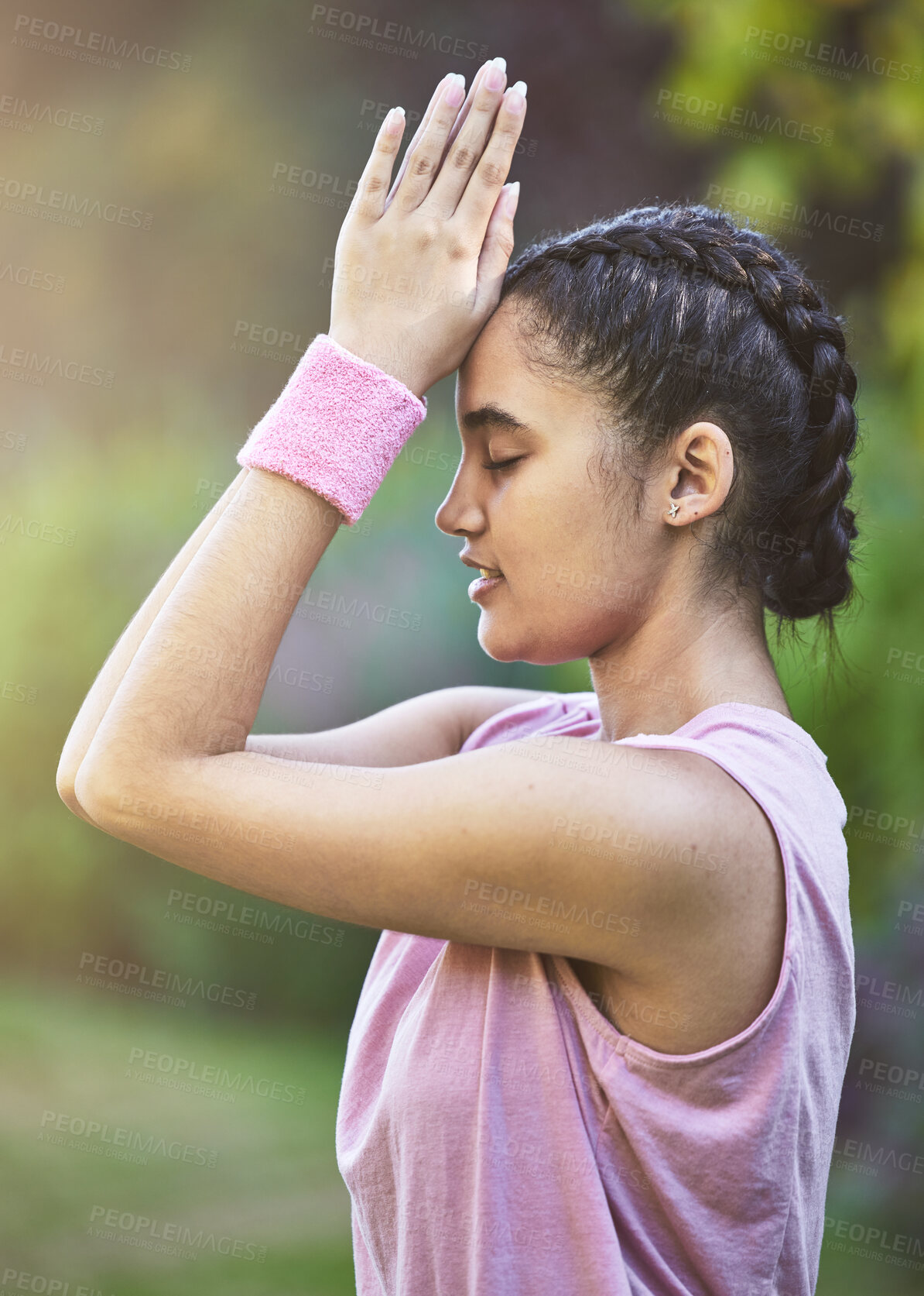 Buy stock photo Meditation, yoga and fitness with a woman athlete training for wellness or inner peace outdoor. Health, exercise and zen with a female yogi meditating outside in nature for spiritual balance