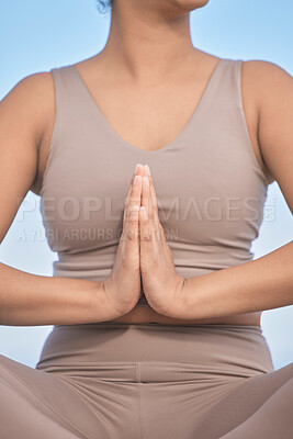 Buy stock photo Zen meditation, hands and woman pray for spiritual mindset health or yoga worship prayer in nature. Mindfulness, balance and mediate for healthy faith lifestyle, calm and relax workout outside