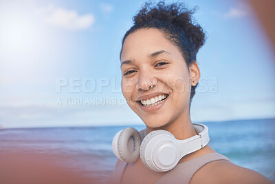 Buy stock photo Woman, fitness selfie, happy at beach with smile for workout, exercise or training. Exercise, healthy or sports health influencer woman for wellness motivation for 5g social media post with headphone