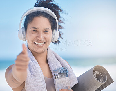 Buy stock photo Thumbs up, woman and headphone, fitness and exercise, yoga and motivation in Miami. Portrait of happy fitness female celebration, success and excited goal for achievement, yes sign and like emoji
