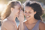 Woman friends, whisper secret and summer for joke, funny or comic story, outdoor together and sunshine. Black woman listening to crazy gossip, talk or conversation from happy friend talking in ear