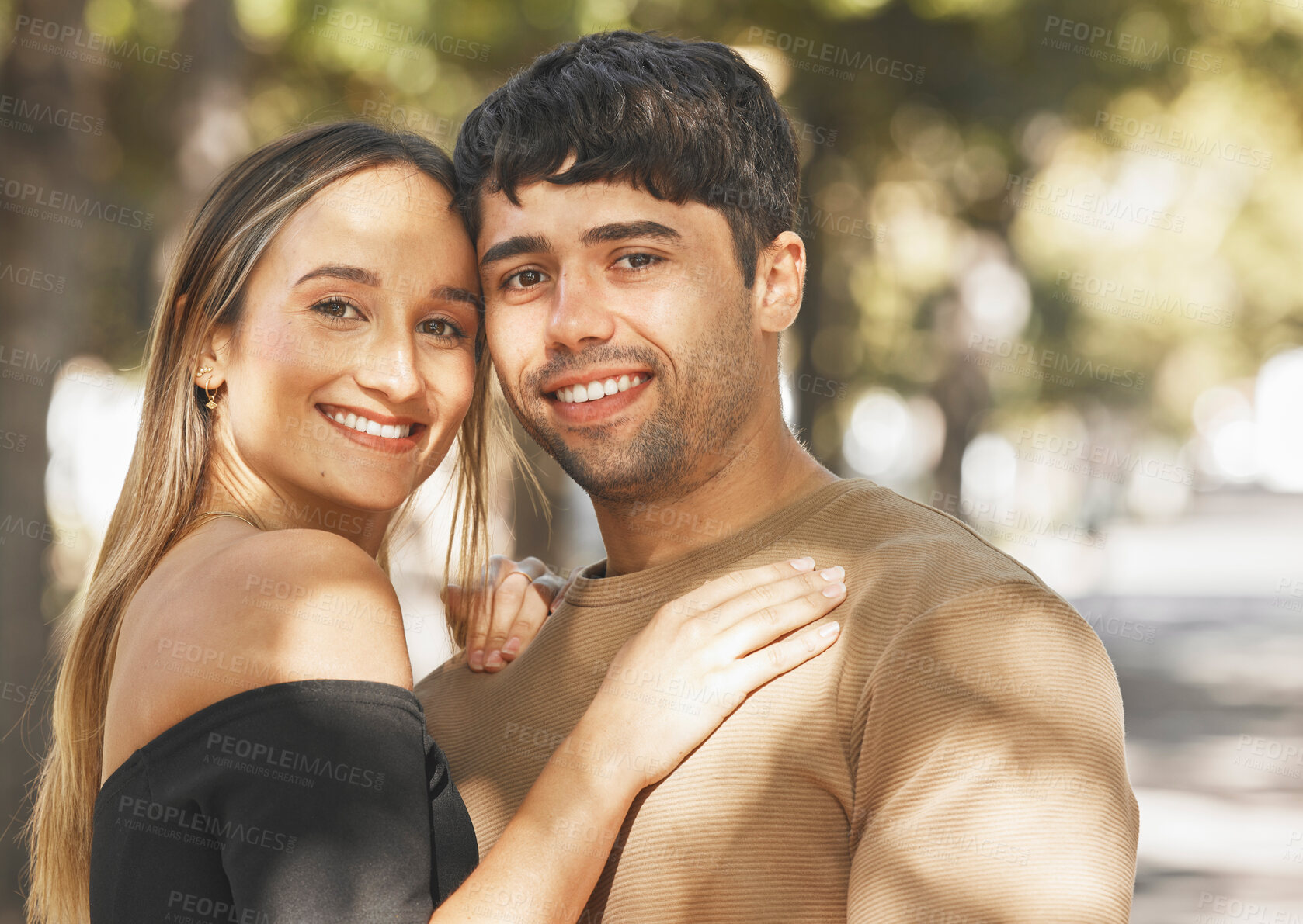 Buy stock photo Happy, smile and portrait of a couple in a garden on a romantic summer date together in nature. Happiness, love and young man and woman in Mexico standing in a park while on a walk for fresh air.