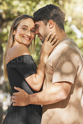 Buy stock photo Love, couple and smile together, happy and outdoor being loving, bonding and embrace. Romance, man and woman with hug, happiness for relationship and dating with quality time, romantic and affection.
