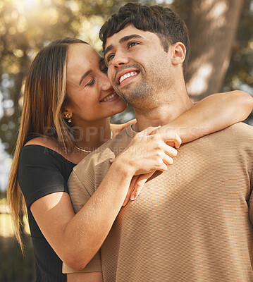 Buy stock photo Couple, love and happy outdoor, hug and smile for a relationship, care and romantic date in summer. Girlfriend and boyfriend hugging with care for anniversary or happiness together in a nature park