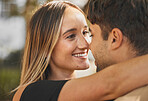 Love, couple and hug with kiss, smile and bonding together for relationship, marriage and happy. Romance, man and woman being intimate, embrace and romantic for happiness, connect and quality time.