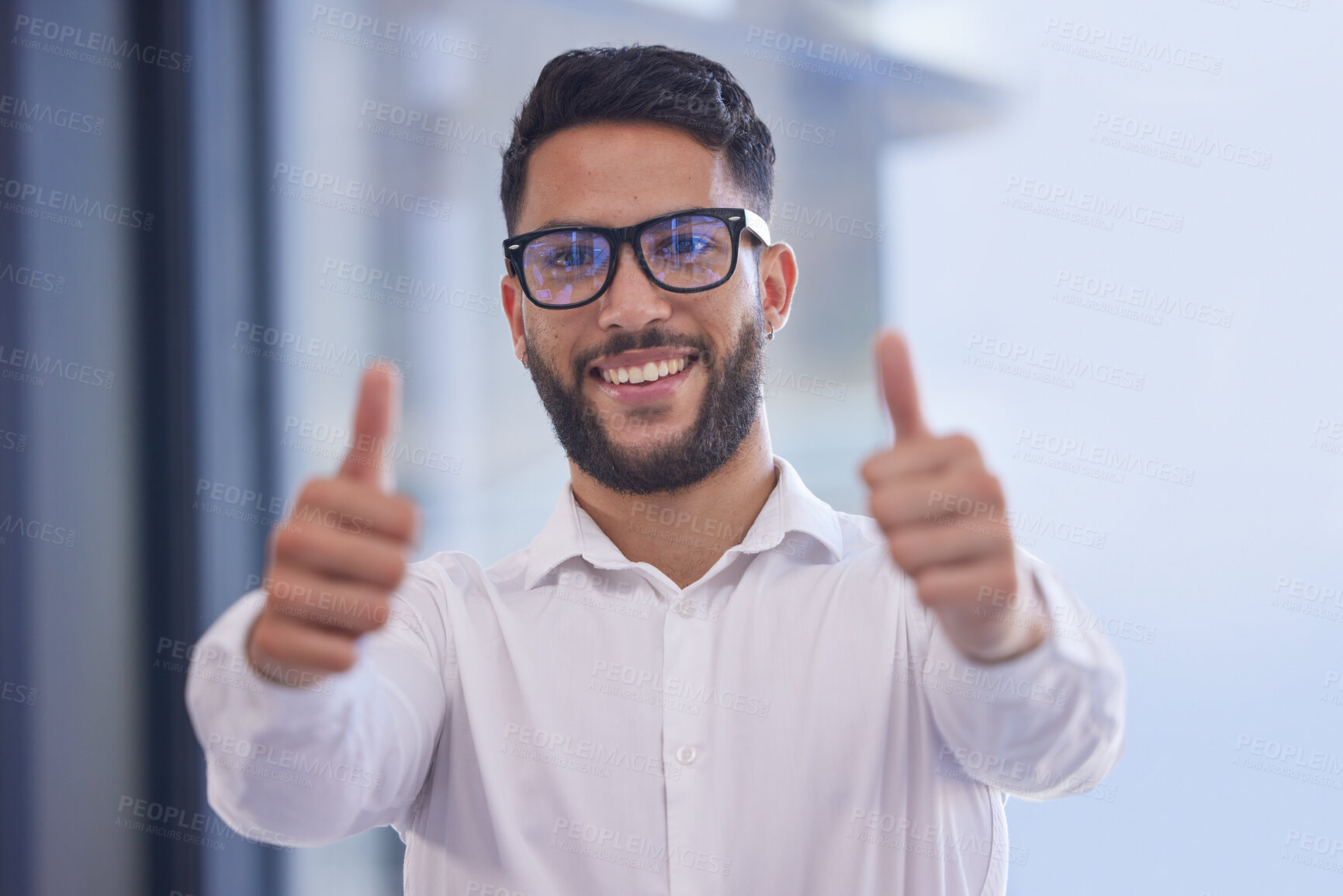 Buy stock photo Businessman, vision glasses and thumbs up in success, motivation or vote for marketing company and advertising agency. Portrait, smile and happy worker with thank you hand gesture in creative office