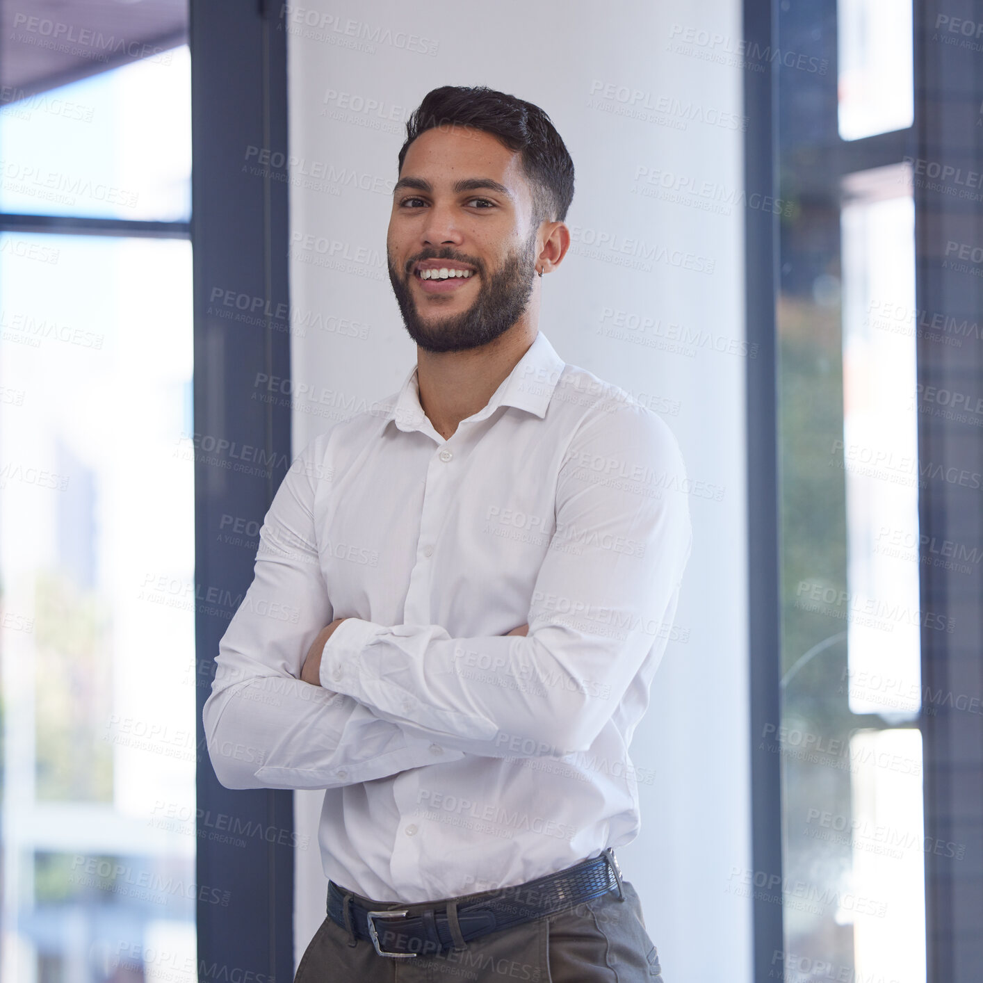 Buy stock photo Confident businessman, portrait smile and arms crossed with vision, ambition or mission for success at the office. Happy man smiling in management for business objects, tasks or company goals at work