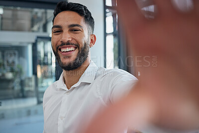 Buy stock photo Selfie, happy and success with a business man taking a picture while standing alone in the office at work. Portrait, confidence and smile with a male employee posing for a photograph while working