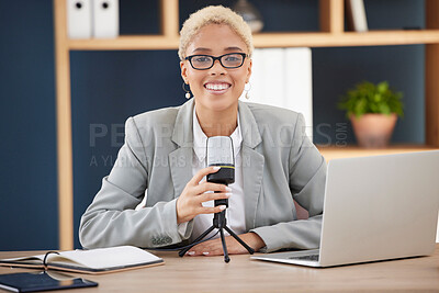 Buy stock photo Podcast, radio or broadcast with a black woman working on a laptop in her office for live streaming or content. Influencer, microphone and studio with a female presenter broadcasting from work