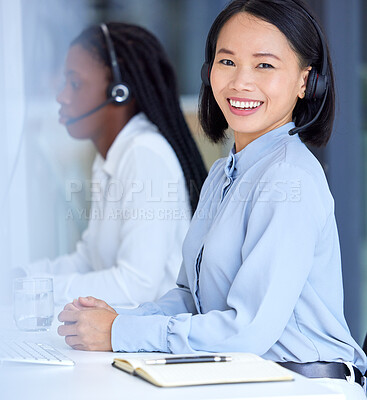 Buy stock photo Call center, crm and Asian worker with a smile for telemarketing, online support and customer service. Contact us, corporate and portrait of a Asian consultant working as an agent for a company
