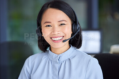 Buy stock photo Portrait, call center and Asian woman for customer support, conversation and talking with smile, in office or happy. Client service, female agent and headset for telemarketing, speaking or consultant