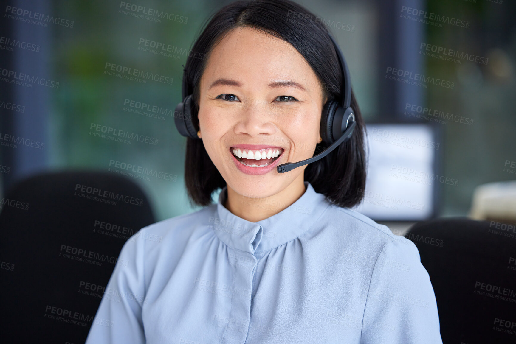 Buy stock photo Portrait, call center and customer service with an asian woman consultant working in a sales office. Crm, contact us and support with a happy female employee working in telemarketing or retail