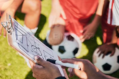 Buy stock photo Soccer field strategy, coaching and planning with team for goals, training and learning game formation, advice and ideas for competition. Football manager, pitch drawing and teaching soccer players 