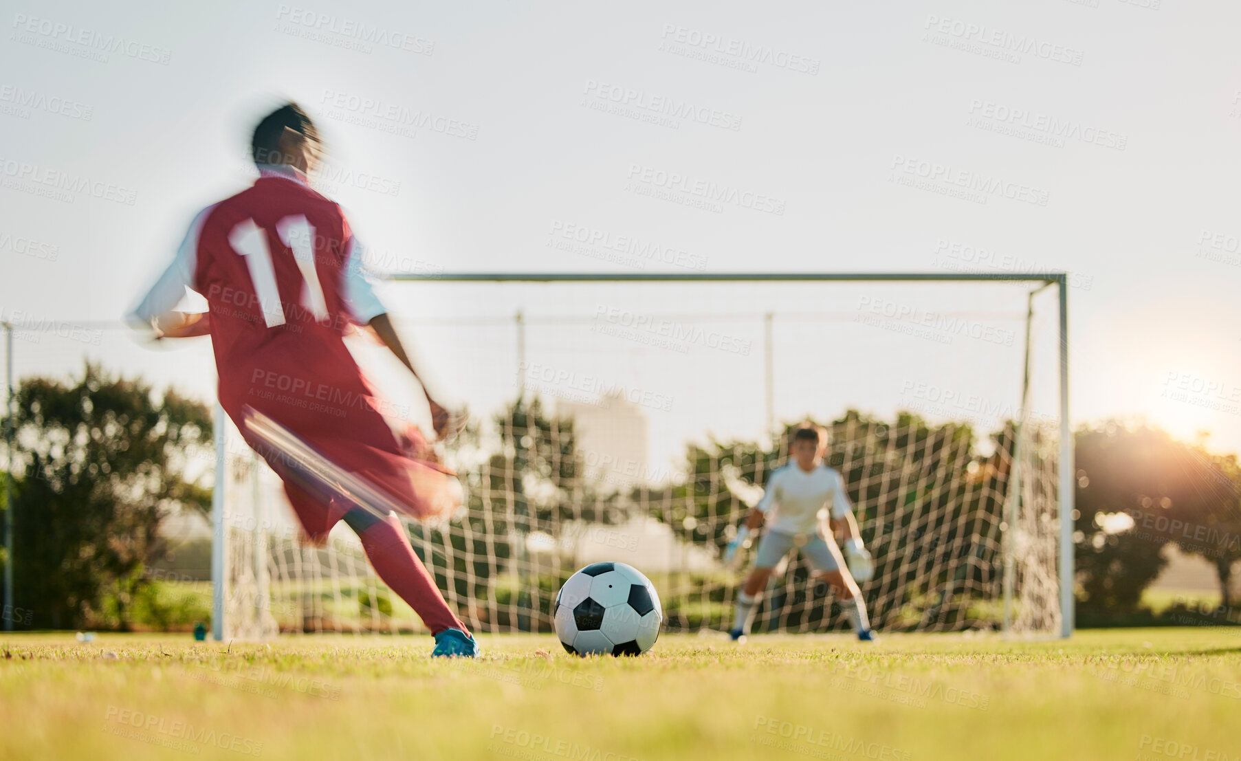 Buy stock photo Soccer, goal post and ball, soccer player running and kicking to score goals, motivation on grass soccer field. Sports, health and fitness exercise training for football game in summer competition.