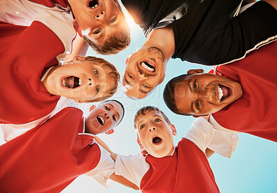 Buy stock photo Soccer, team and coach in huddle, celebration and happy with smile, winner and boy group from bottom. Football kids, excited or children teamwork for fitness, training or workout after game or match