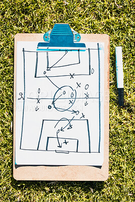 Buy stock photo Sports, soccer field and clipboard planning a strategy for a group mission, target or tactics for goals. Solutions, teamwork and coach drawing winning tactics or ideas on grass in a football stadium