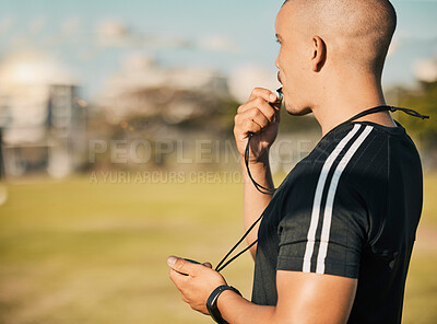 Buy stock photo Coach, whistle and sport training with stopwatch, exercise and time athlete on field or pitch in summer. Expert, coaching and professional sports with mockup, manager, strategy or management of team