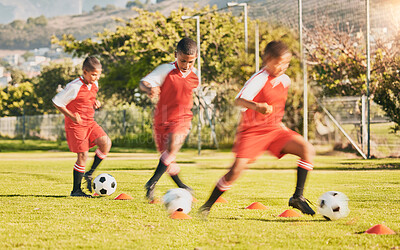 Buy stock photo Soccer, football and kids training on soccer field for game, match or competition. Health, teamwork and boy soccer players outdoors on grass pitch for soccer ball practice, drill or skills exercise.