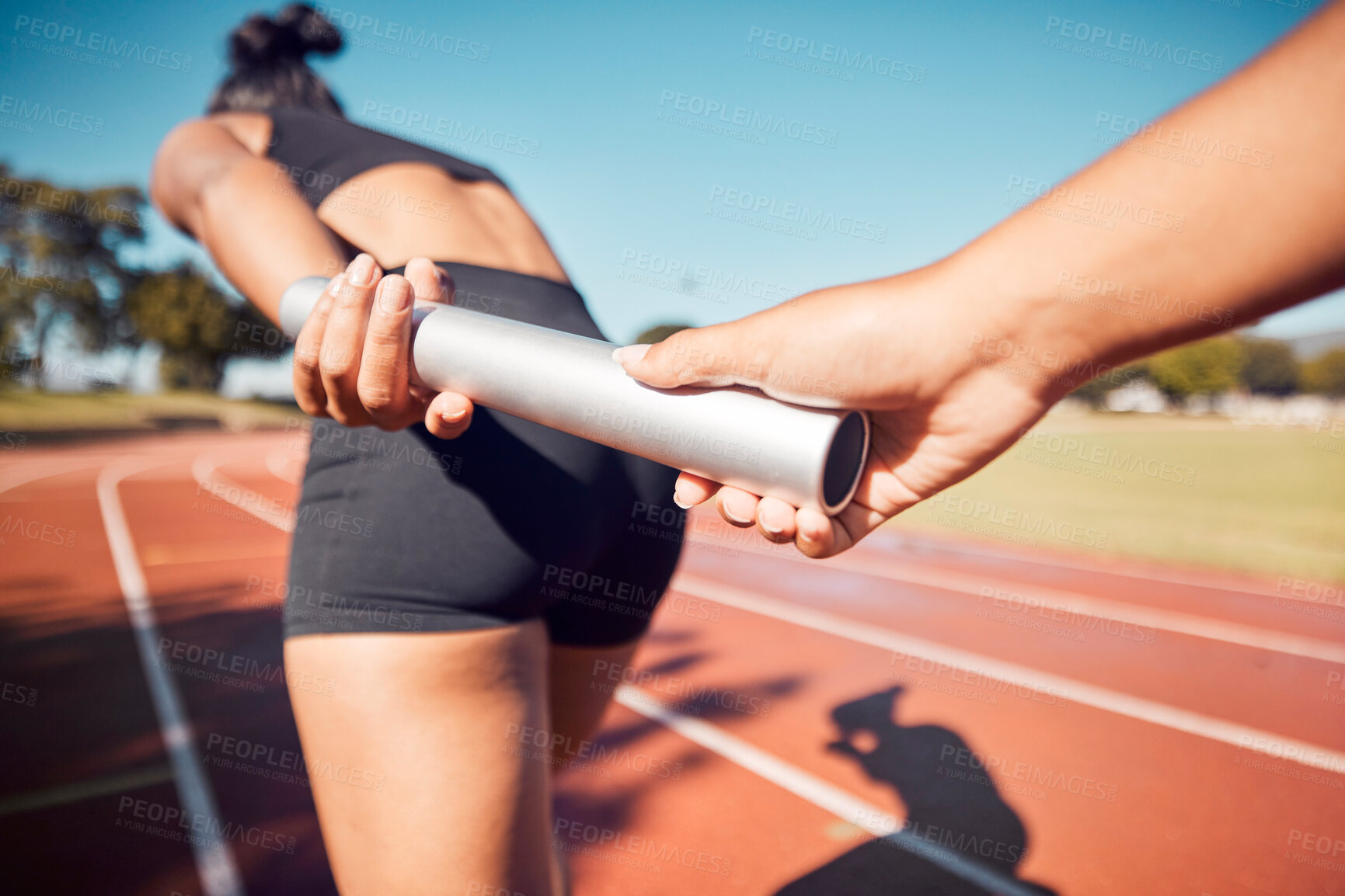 Buy stock photo Running, stadium and relay team for baton sports competition or fitness marathon. Athlete woman, runner exercise and teamwork trust for healthy lifestyle motivation or workout challenge on race track