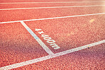 Ground, field and race track road in stadium for fitness, running track and sports with nobody. Pattern, texture and background of empty racecourse with no people for exercise, workout and training