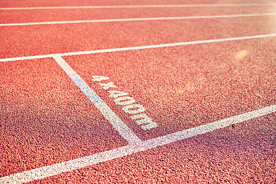 Buy stock photo Ground, field and race track road in stadium for fitness, running track and sports with nobody. Pattern, texture and background of empty racecourse with no people for exercise, workout and training