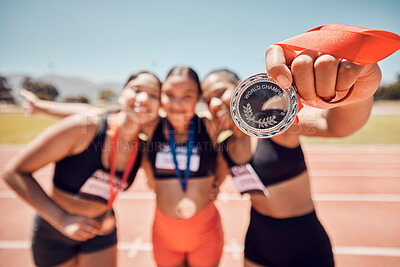Buy stock photo Team, medal winner and sports success on stadium field for marathon copetition. Athlete women, trophy for fitness and teamwork motivation collaboration or happiness celebration together for health