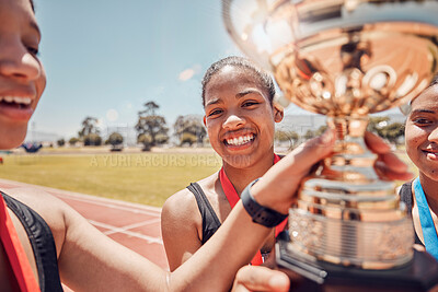Buy stock photo Winner, trophy and track team celebrate olympic relay teamwork, sprint competition or marathon race victory. Award, goal achievement and success celebration for athlete friends, runner or black women