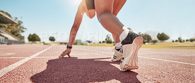 Buy stock photo Runner start race, running track and competition, challenge or cardio fitness on stadium ground. Closeup marathon athlete, sprinter shoes and woman ready in sports training, race track event or speed