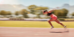 Athlete, exercise and track running with a woman outdoor training for sports race or marathon or fitness with energy, agile and speed. Runner during workout for goal performance, challenge and race