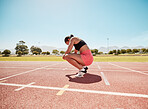 Tired, rest and woman athlete after running, sport and runner workout outdoor. Training fatigue of a fitness, sports run and body health exercise on a field and concrete in the summer sun for a race