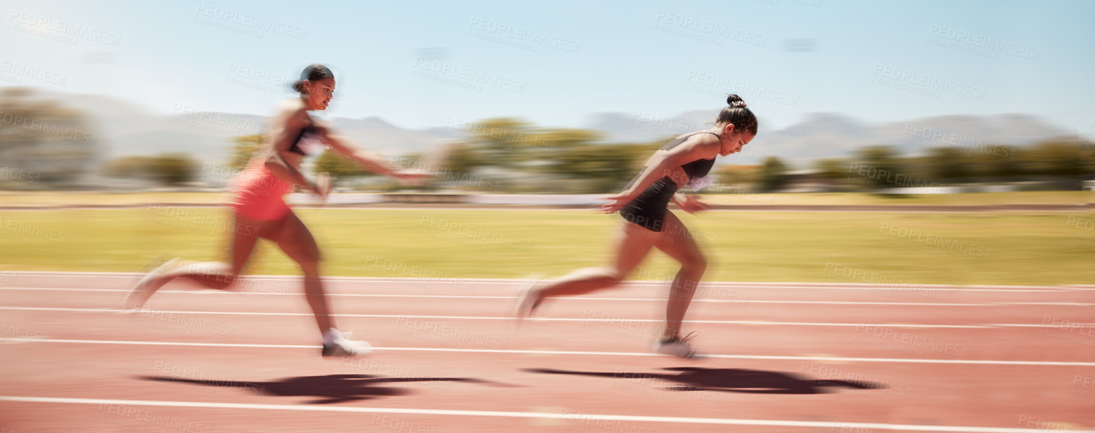 Buy stock photo Sports, fitness and relay race with a woman athlete passing a baton to a teammate during a track race. Running, teamwork and health with a female runner and partner racing for competitive sport