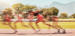 Fitness, speed and runner on track with blurred movement, training exercise and motivation for winner mindset workout goals. Fast running blur, motion and, healthy athlete winning marathon race start