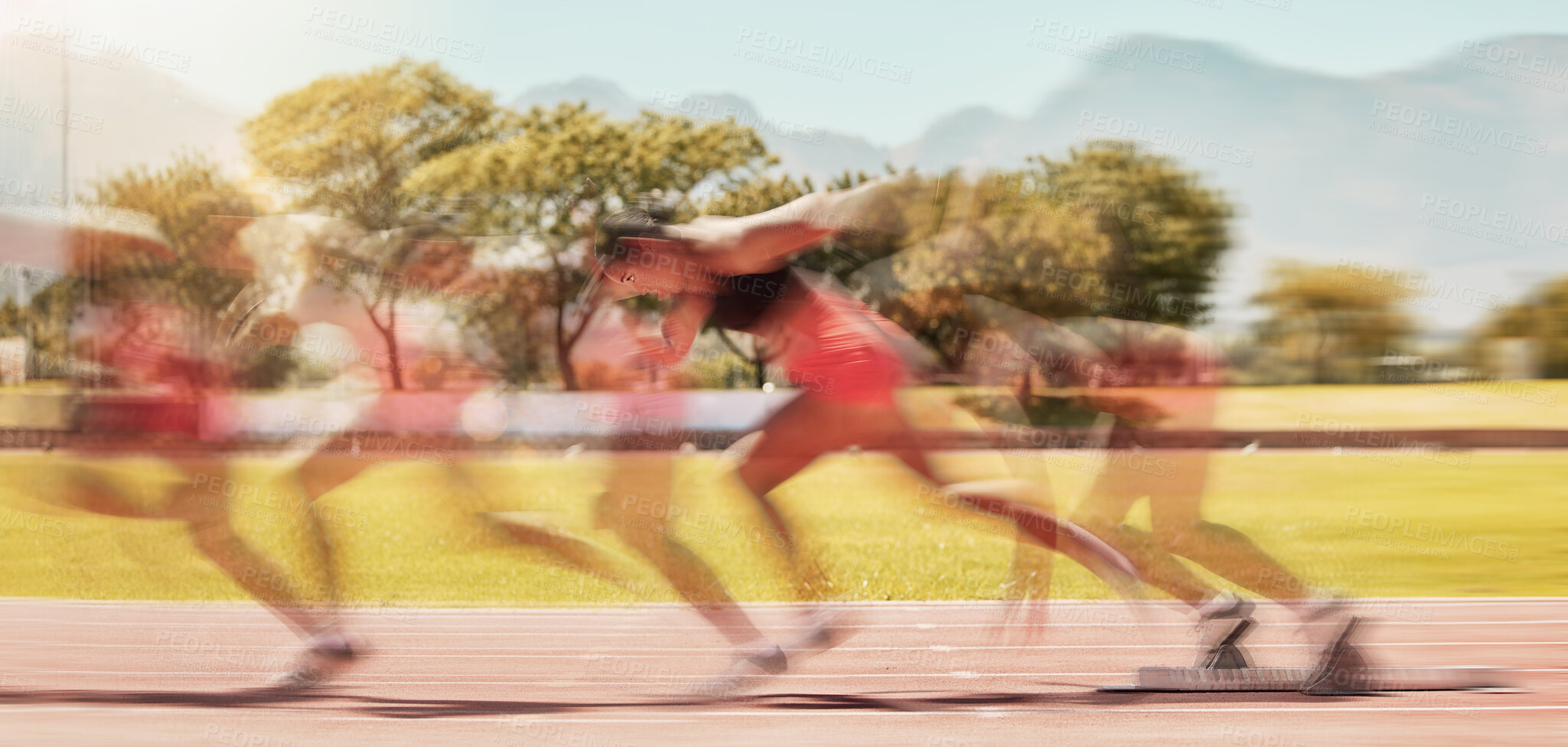 Buy stock photo Fitness, speed and runner on track with blurred movement, training exercise and motivation for winner mindset workout goals. Fast running blur, motion and, healthy athlete winning marathon race start