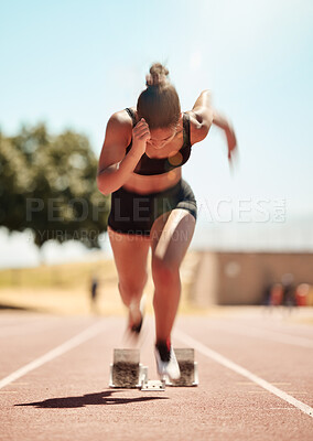 Buy stock photo Woman runner, competition race and athlete performance, power and cardio fitness on stadium running track. Motion blur of marathon sports training on race track, arena event and fast speed action 