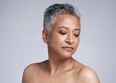 Buy stock photo Elderly woman with makeup, skincare beauty on gray background and cosmetic dermatology in India. Luxury cosmetics for senior person, anti aging product in wellness and calm natural face with mockup