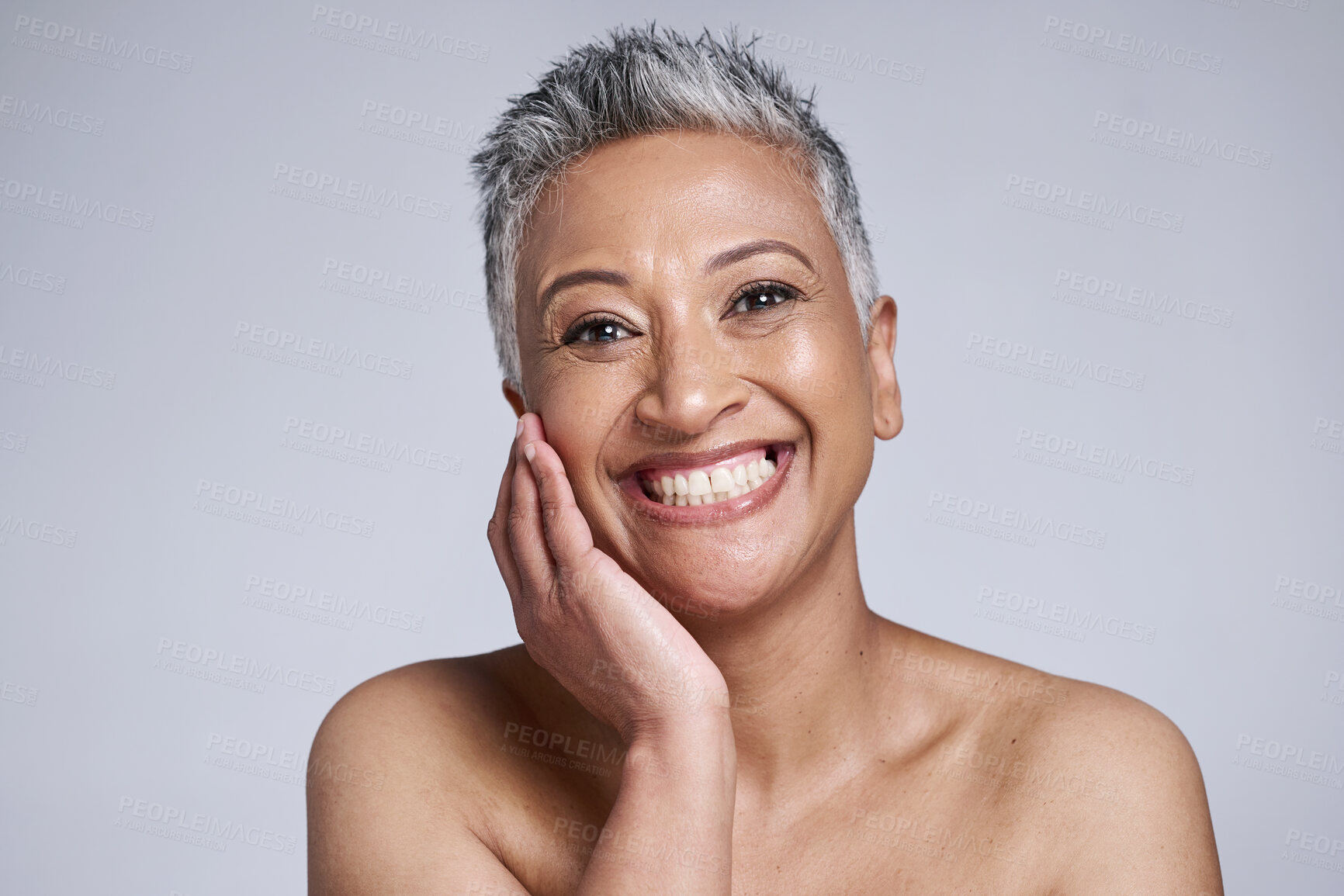 Buy stock photo Botox, face and happy elderly woman for beauty skincare wellness and cosmetics plastic surgery model in studio. Portrait of black woman, skin health and natural dermatology care in grey background