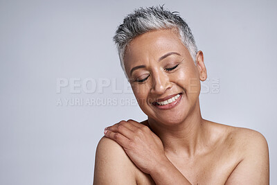 Buy stock photo Skincare, face and senior woman with eyes closed in studio on a gray background mockup. Makeup, aesthetics and cosmetics of mature female model feeling happy for glowing and healthy skin mock up.