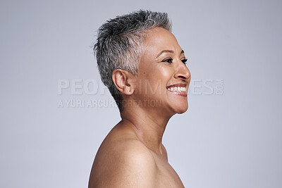 Buy stock photo Skincare, beauty and senior woman in studio happy with cosmetics, makeup and facial wellness with mock up for marketing, promotion or advertising. Smile of an elderly or old woman model for skin care