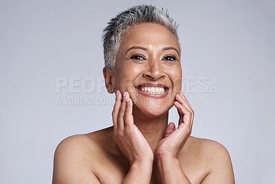 Buy stock photo Face, hands and beauty with antiaging and woman, smile in portrait for skincare with studio background. Facial, treatment and face care mockup with natural cosmetics and happy mature model in makeup.