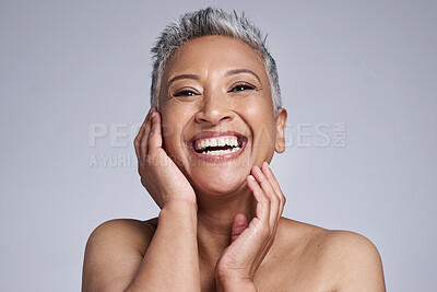 Buy stock photo Skincare, makeup and senior woman excited about facial health, wellness and beauty against a grey mockup studio background. Smile, happy and face portrait of an elderly model for dermatology